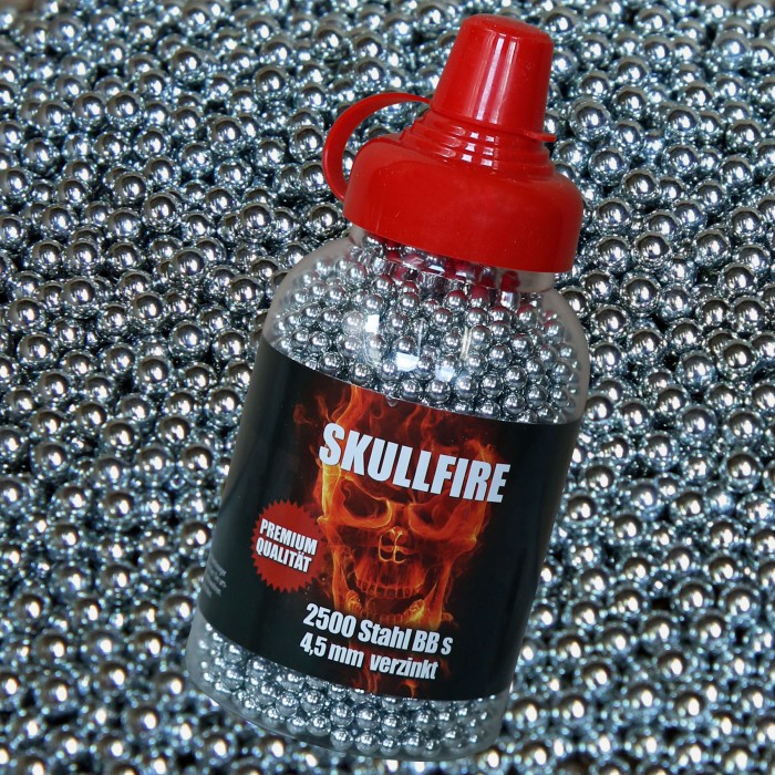 SKULLFIRE steel round balls, galvanized, caliber 4.5mm, 2500 BBs in a practical dispenser